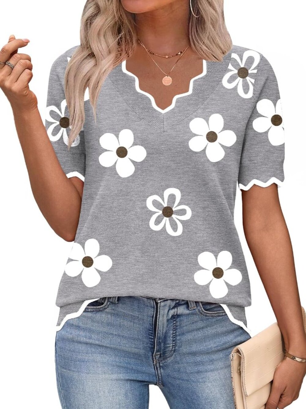 Women's Floral V-Neck Short Sleeve Sweater for Summer & Spring